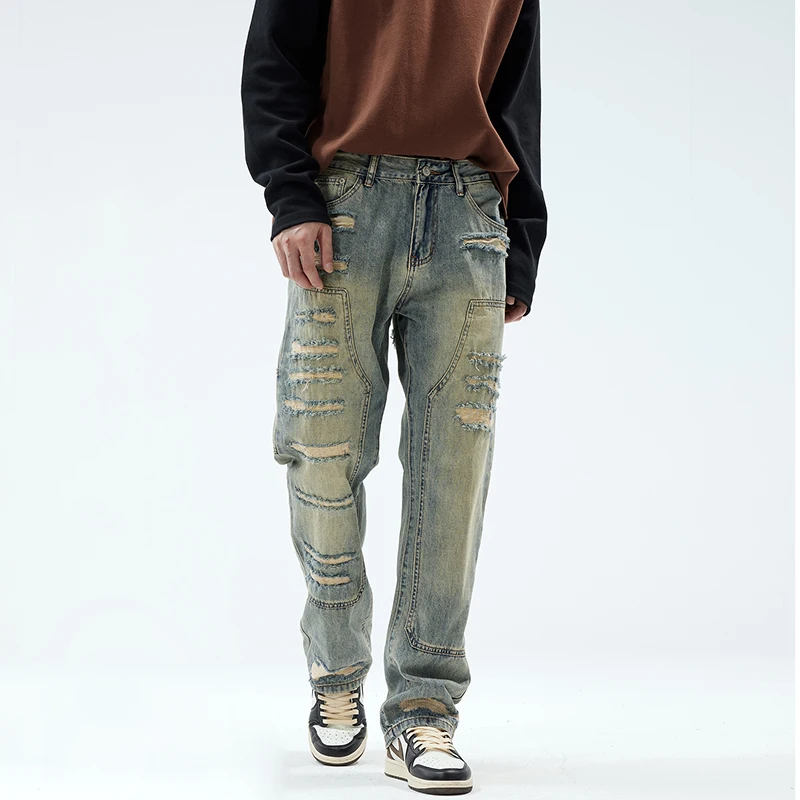 2024 men's new American high street ripped jeans men's summer straight leg slimming flared beggar pants men clothing