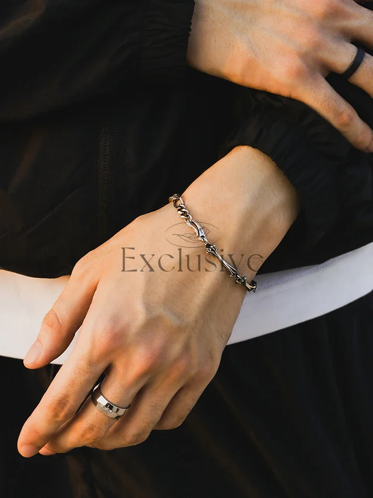 925 Sterling Silver Retro Bracelet Male and Female Couples Dark Style Bone Bracelet