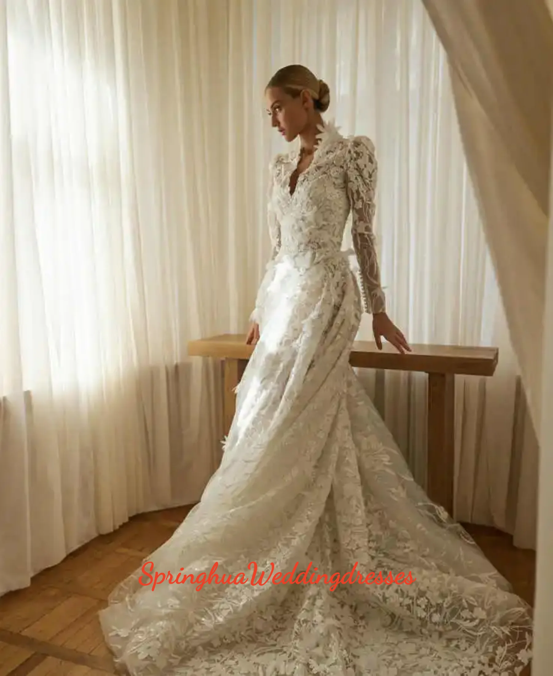 

Customized Luxurious Sequins A Line Wedding Dresses V Neck Long Sleeve Floor Length Bridal Gowns Appliques Pearls Bridal Dresses