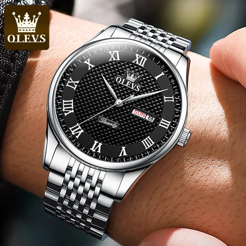 OLEVS Automatic Movement Watches for Men Luxury Stainless Steel Men\'s Quartz Watches Fashion Dual Calendar Waterproof Wristwatch