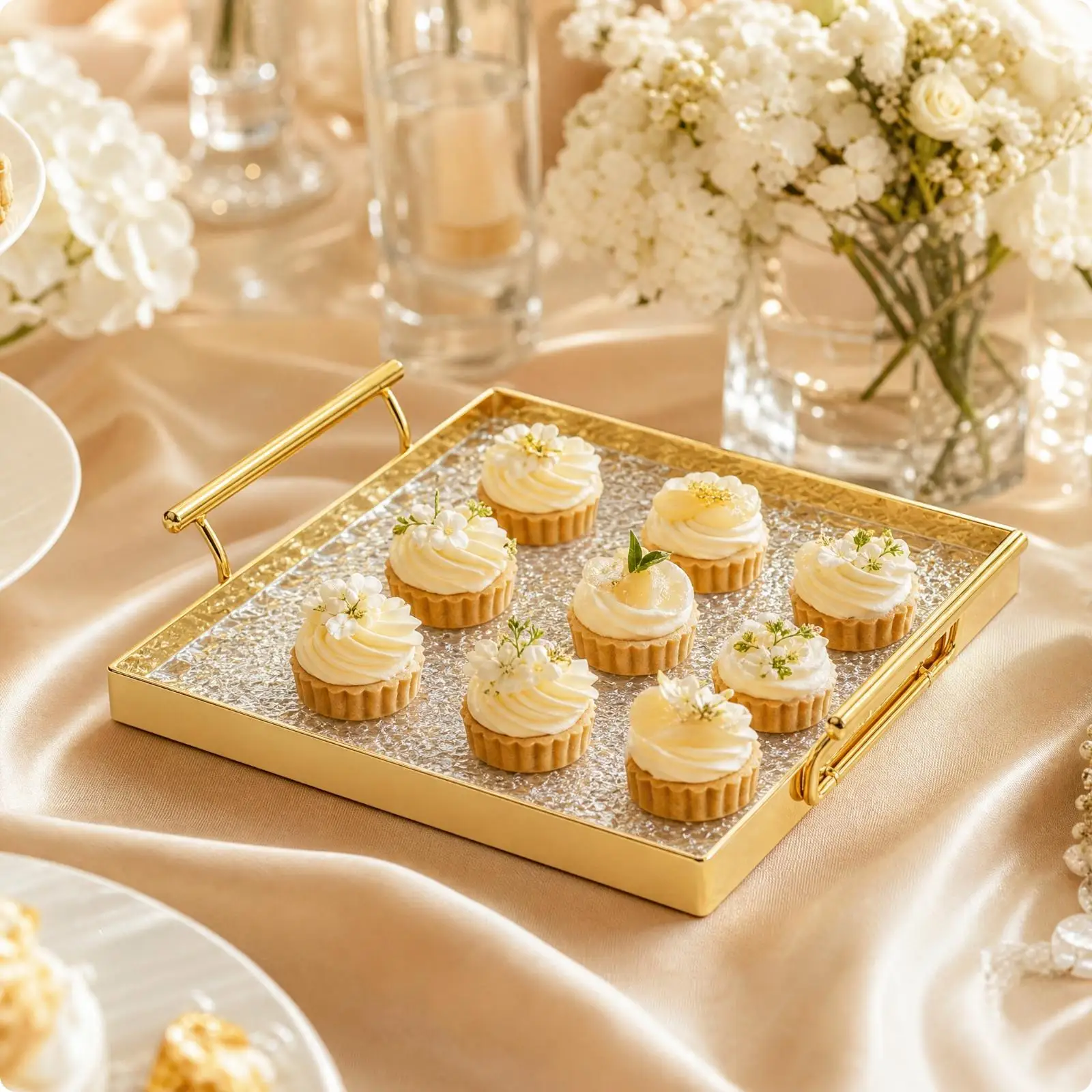 Plateau à gâteaux en acrylique, plateau de service carré doré avec poignées pour présentoir de table de desserts de mariage