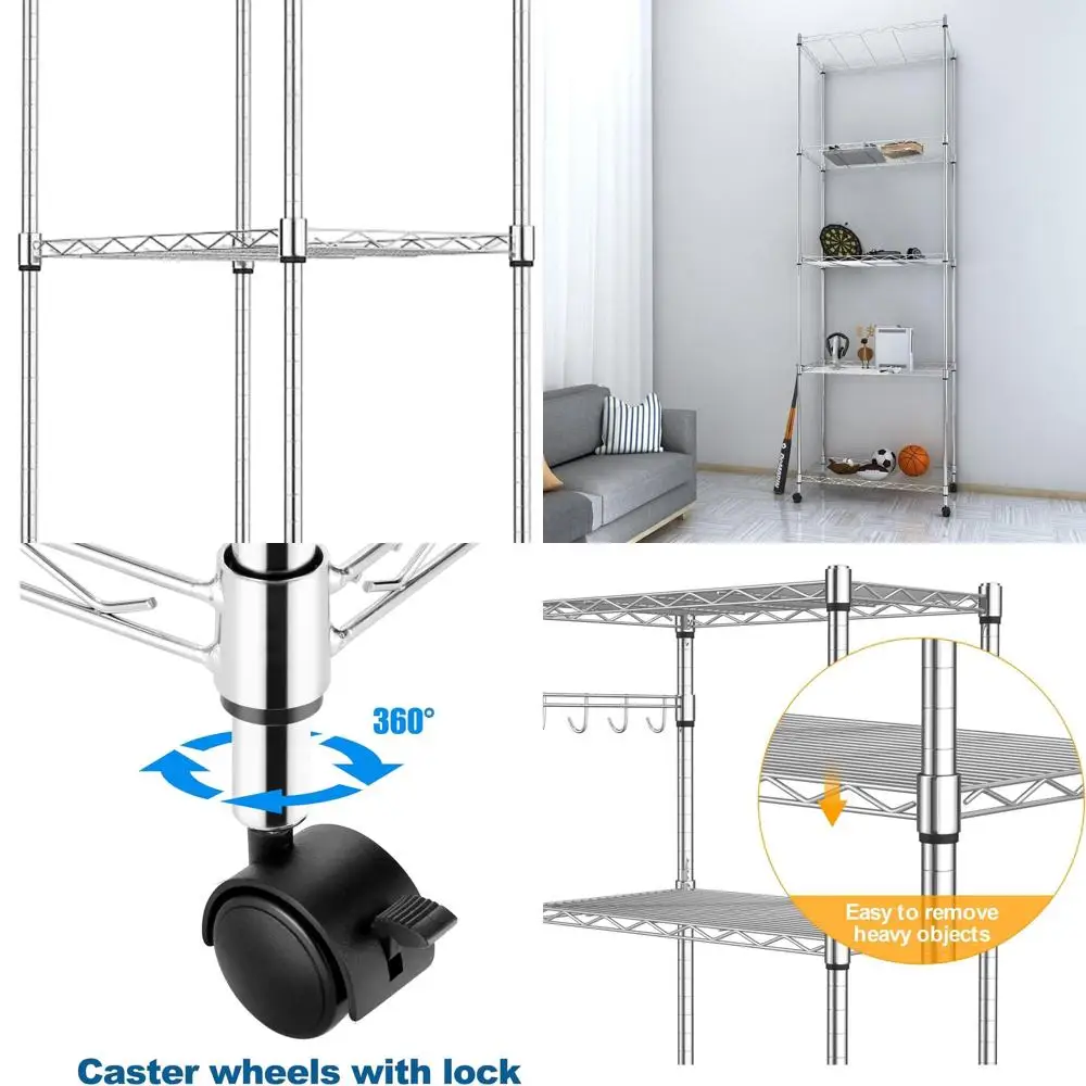 Mobile 5-Tier Chrome Steel Shelving Unit for Garage, Kitchen, Living Room - Heavy Duty Rack, 23.2L x 13.8W x 72H