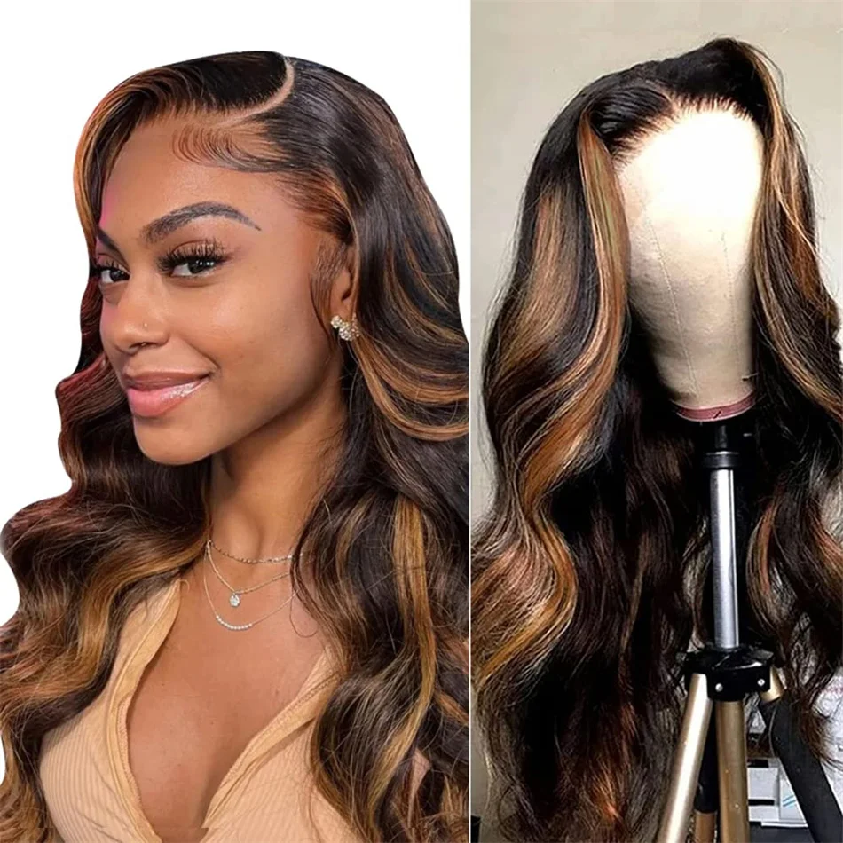 

Ombre Lace Front Wig Human Hair Pre Plucked With Baby Hair FB/30 HD Lace Front Wigs Human Hair 180% Density Highlight Body Wave