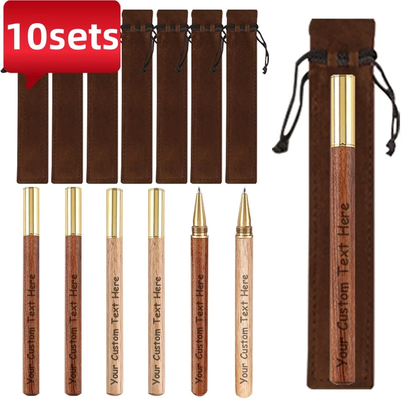 

10 комплектов настраиваемых ручек с гравировкой для корпоративных подарков, свадебных сувениров, металлические шариковые ручки из сандалового дерева с коричневыми бархатными подарочными пакетами