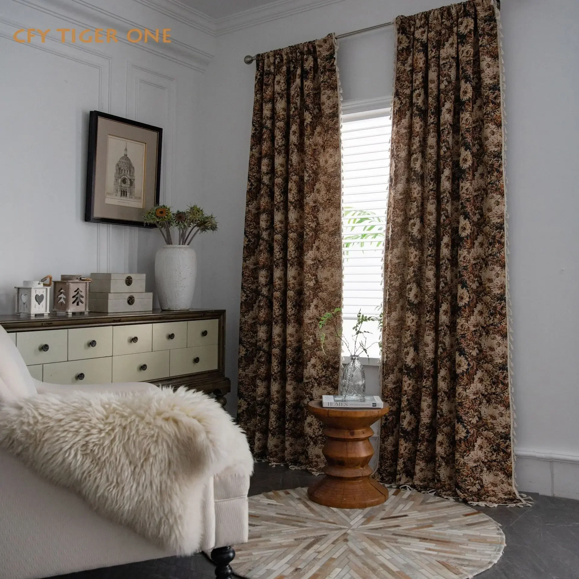 

Cotton Linen American Vintage Sunflower Oil Painting Window Curtain Thick Blackout Tassel Drapes Curtains for Living Room