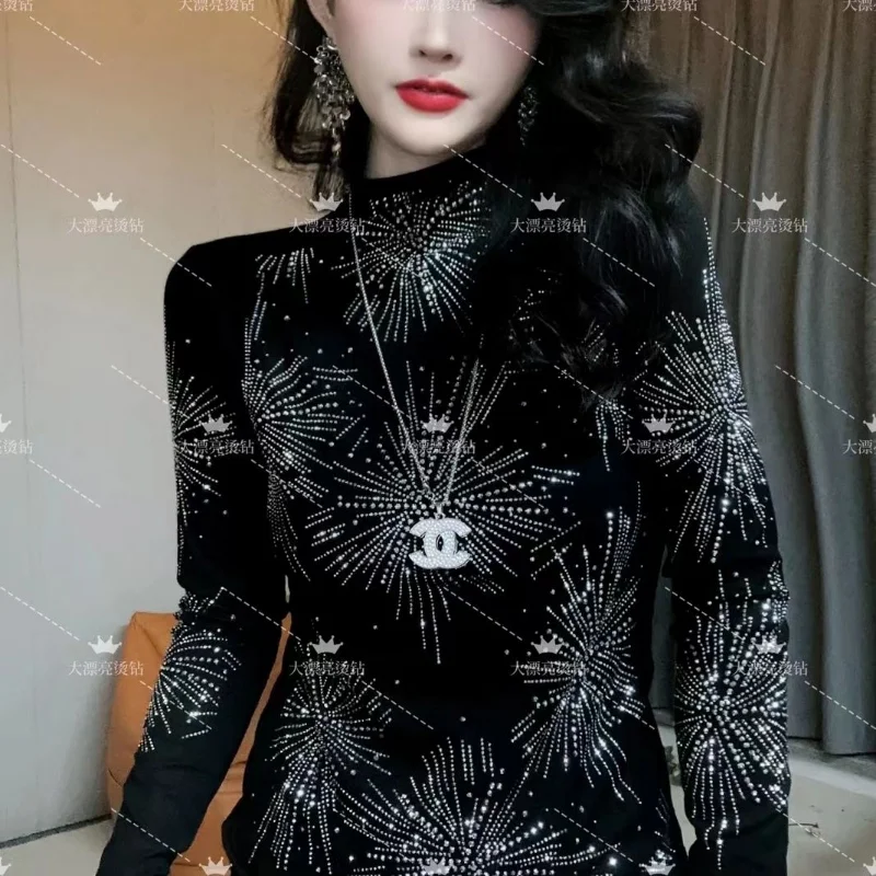 Women Korean Fashion Half High Collar Rhinestone Thick Basic T-shirt Autumn Winter Black Elegant Long Sleeve Slim Pullover Tops