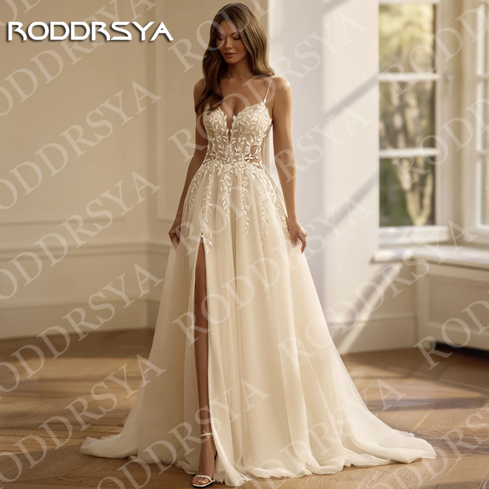 RODDRSYA Boho Spaghetti Straps Wedding Dress Lace Appliques Romantic Beach V Neck High Slit A Line Tulle Bridal Gown Customized