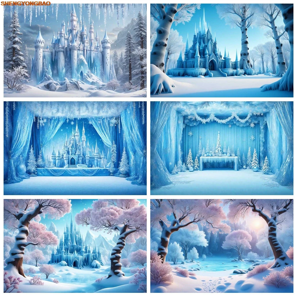 

Girls Frozen Birthday Party Decoration Backdrop Princess Castle Blue Curtain Photozone Background Personalized Photography Props