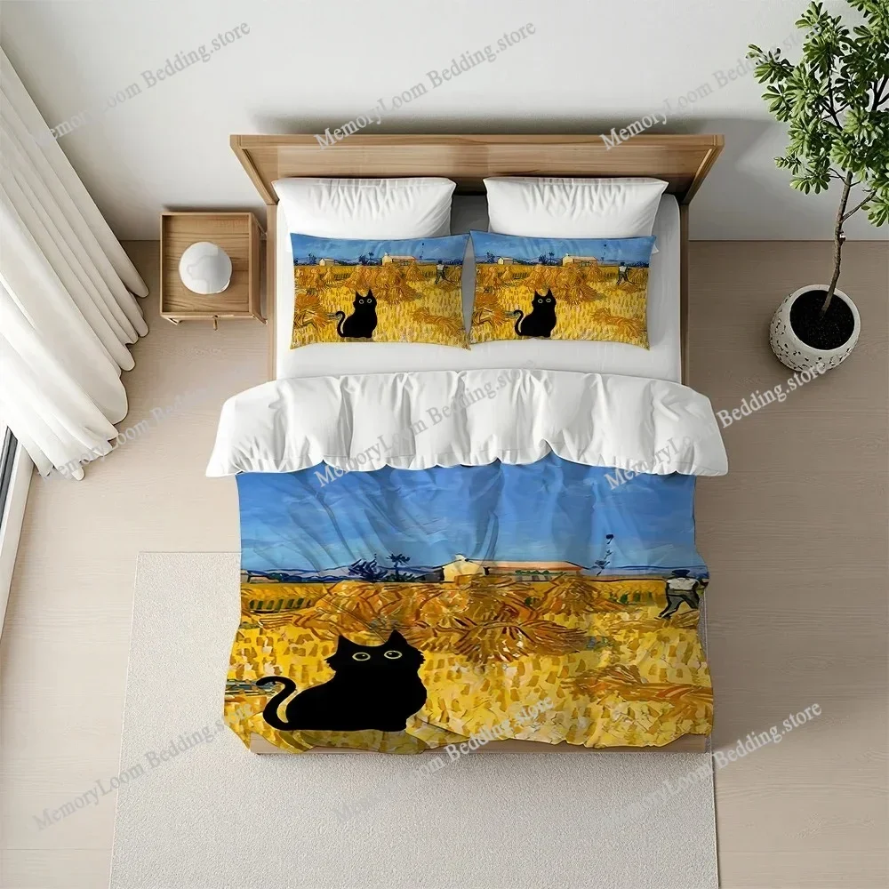 Van Gogh Irises Black Cat Duvet Cover Set Home Style Bedding Soft Laundry Cotton Bed Four Seasons Student Dormitory Home Textile