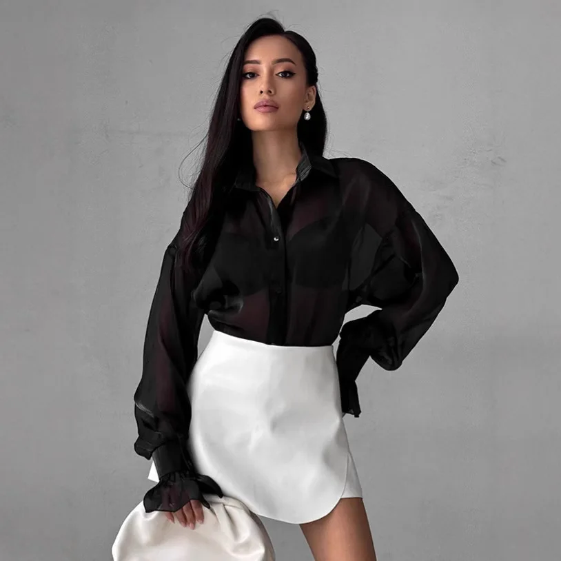 Sexy Gauze See-though Blouses Women Lantern Sleeve Elegant Turn Down Collar Shirt Summer Loose Casual Sunscreen Shirt