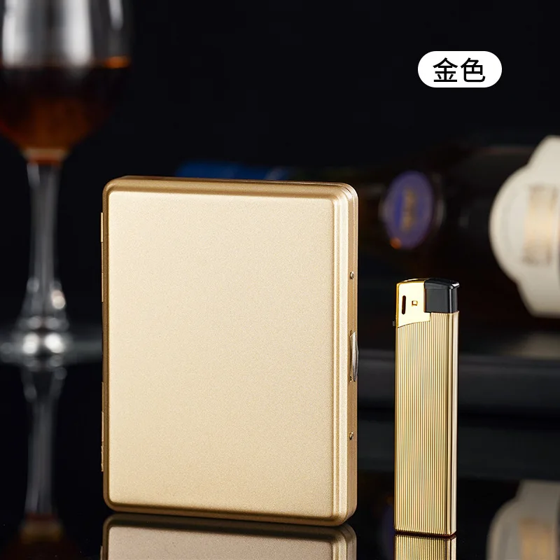 New Stainless Steel Men\'S Pressure Resistant Portable Cigarette Box 20 Thick With Inflatable Lighter Windproof Lighter Cigarette