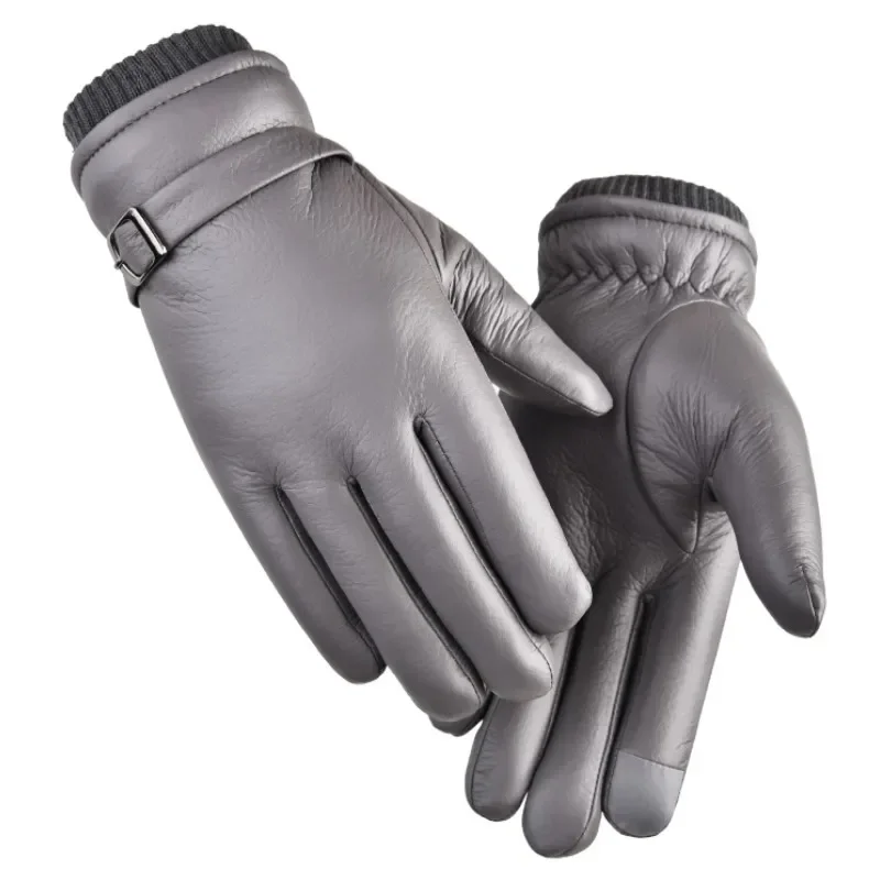 Leather Gloves Men\'S Winter Fleece Outdoor Riding Water Repellent Anti Slip Driving Warm Motorcycle Gloves