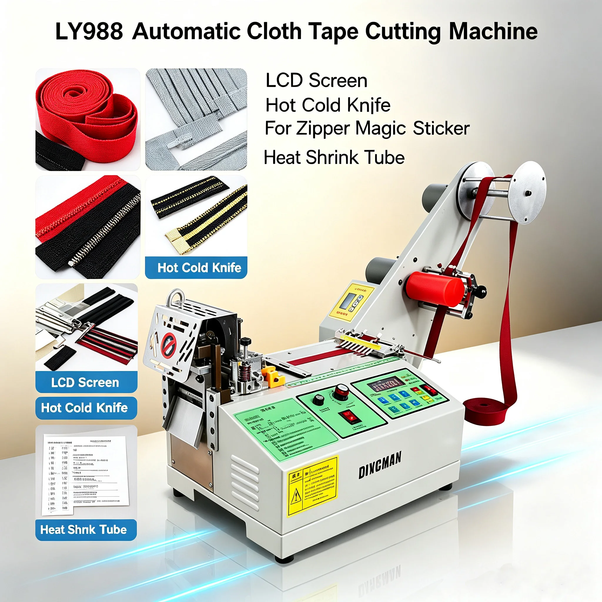 Automatic Cloth Tape Cutting Machine LCD Hot Cold Knife Cutter for Zipper Magic Sticker Heat Shrink Tube