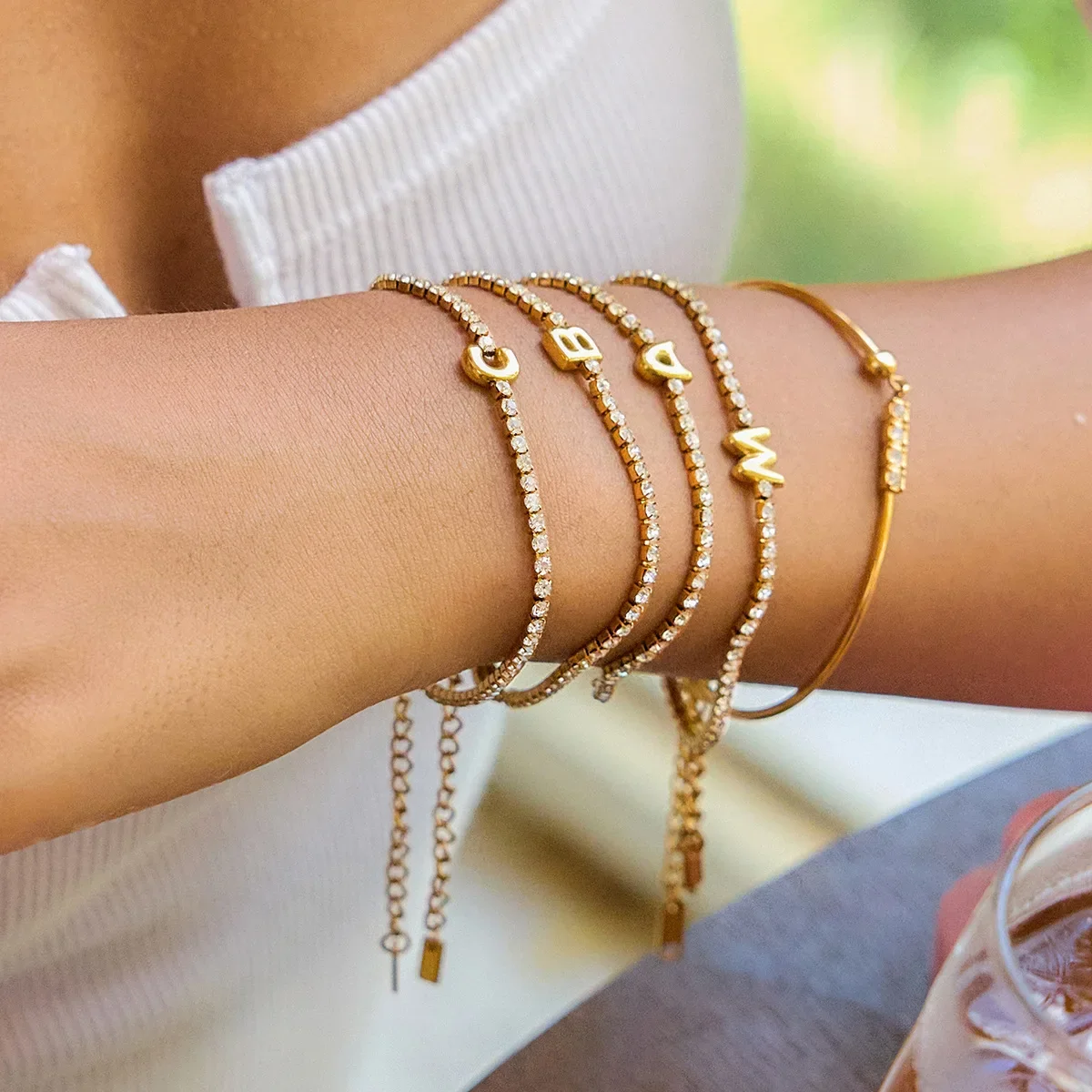 Waterproof Stainless Steel 26 Initial Letter Bangle Bracelet for Women Luxury Rhinestone Hand Chain Bracelet Stackable Jewelry - Image 3