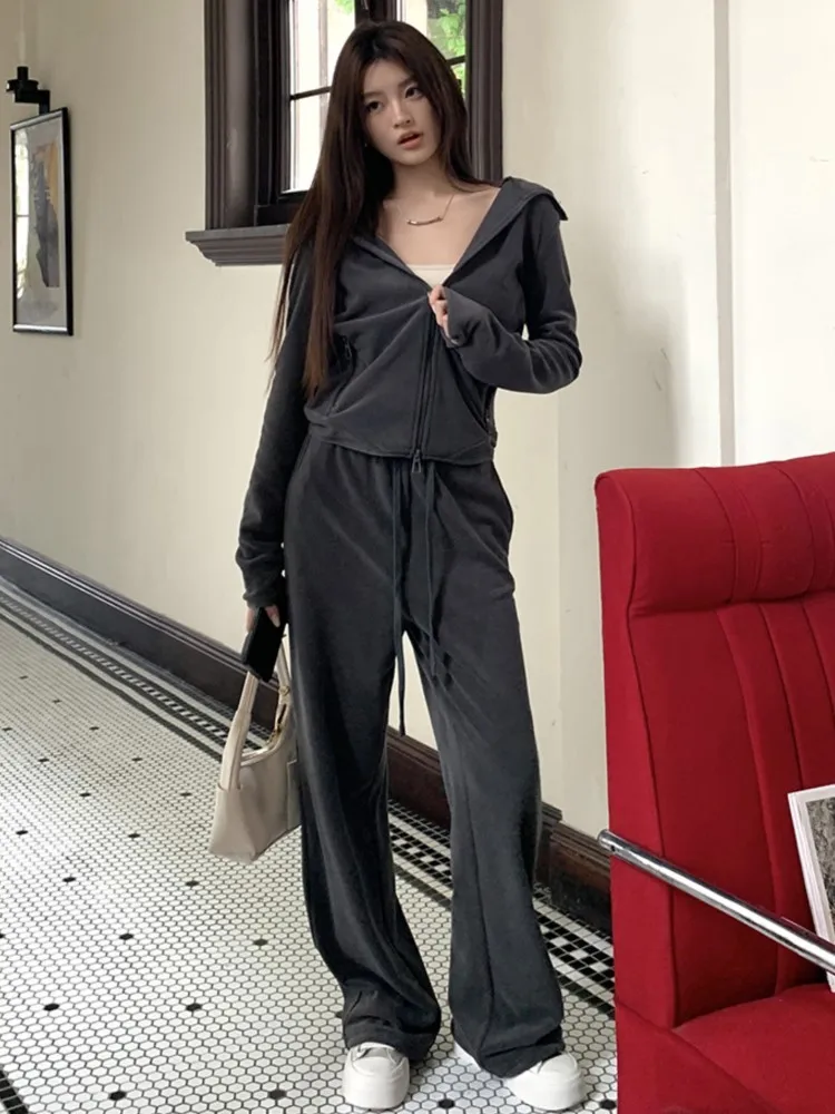 

Autumn Korean Style Tracksuit 2 Pieces Sets Short Hooded Coat Drawstring Loose Pants Casual Fashion Suit Set 2025 New Outfit