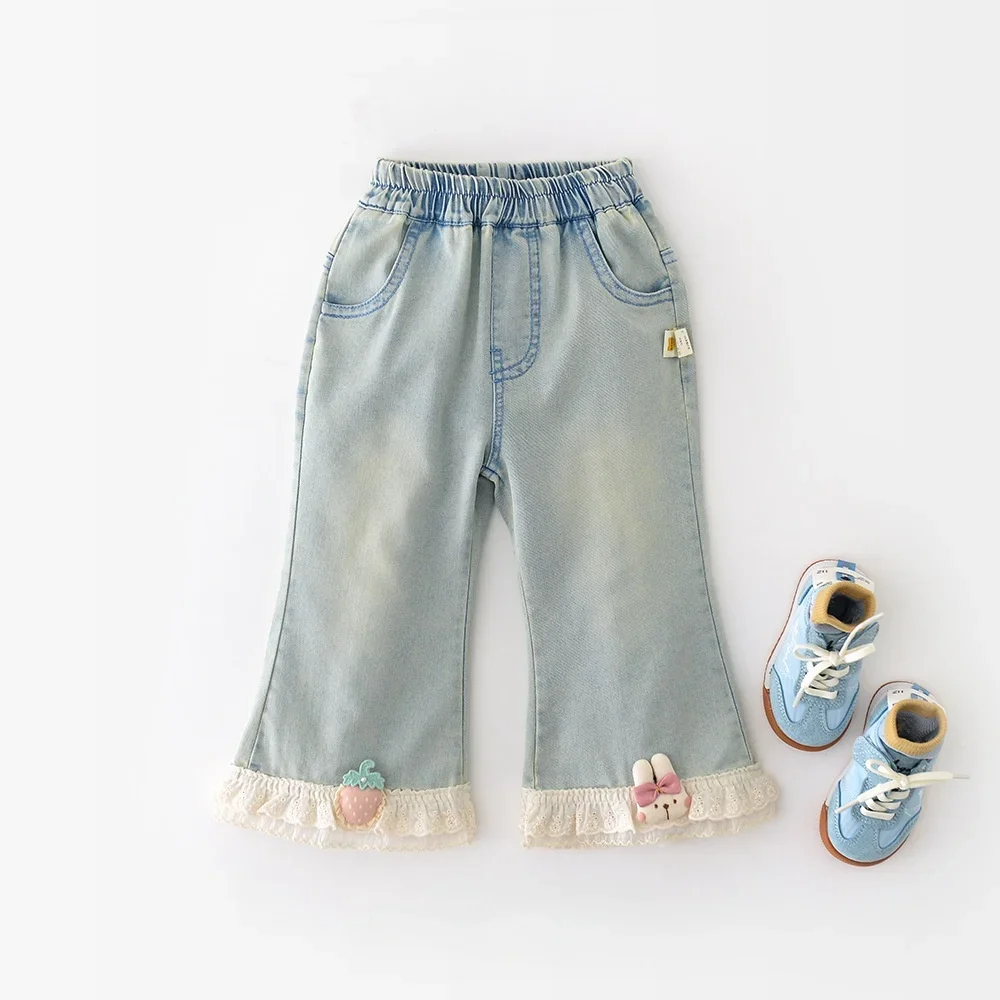 2025 Autumn Toddler Girl Flared Jeans Lace Trim Strawberry Bunny Elastic Waist Denim Pants for 0-3Y Girls