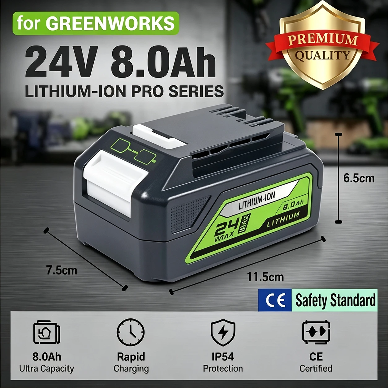Image of 24V 8000mAh Lithium-Ionen-Ersatzakku für Greenworks, passend für MO24B410 MO48L4211 HT24B210 21342