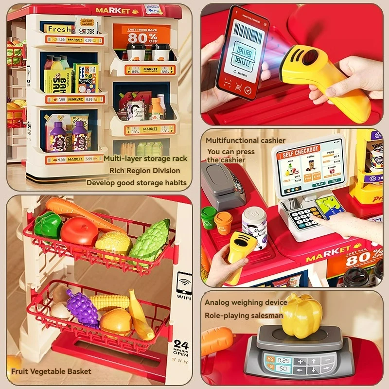 Pretend Play Calculator Cash Register Toys Supermarket Shop Cashier Registers with Scanner Credit Card Christmas Gifts for Kids