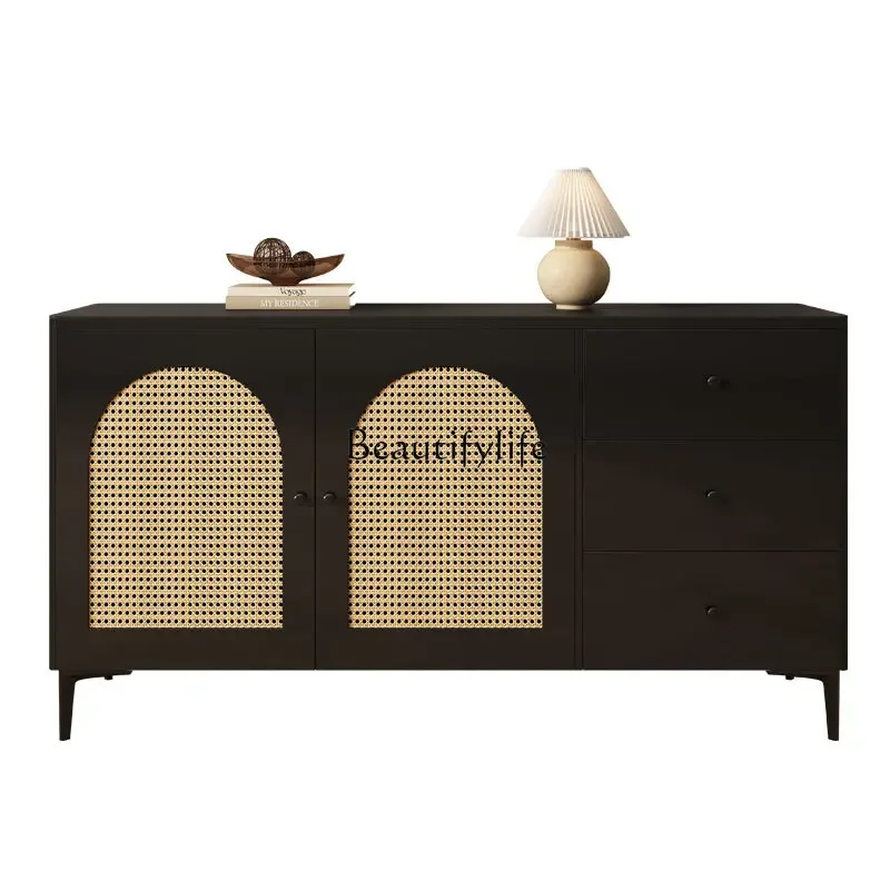 

Solid wood rock slab dining side cabinet modern simple black wine cabinet woven rattan household against the wall