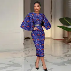 Africa Ankara Printed Women's Dress Sexy Shawl Sleeve Belt Matching Skirt Back Split Dress 2425148
