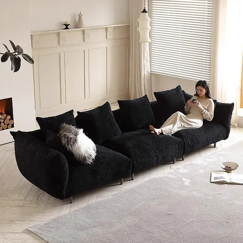 Black Chenille sofa light luxury senior straight row large flat horizontal hall super wide sitting deep simple modern fabric sof