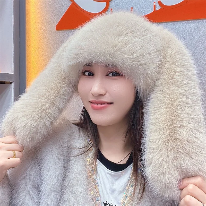 Autumn Winter Women Keep Warm Faux Fox Fur Long Ears Basin Cap Female Fashion Casual Party Music Festival Thickened Bucket Hat