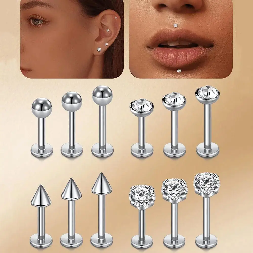 1 Piece 16G Stainless Steel Ball Cone CZ Lip Ring Nose Stud Flat Back Cartilage Stud Earrings Body Piercing Jewelry 6/8/10/12mm