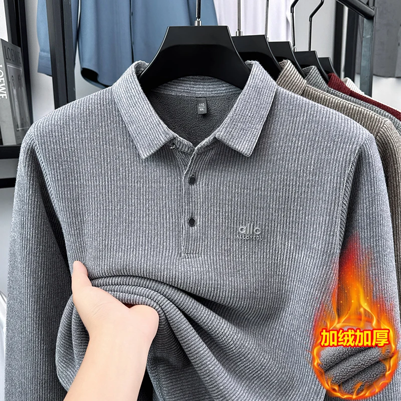 

Новая цельная флисовая рубашка-поло из норки с длинными рукавами, мужская толстая флисовая деловая повседневная футболка