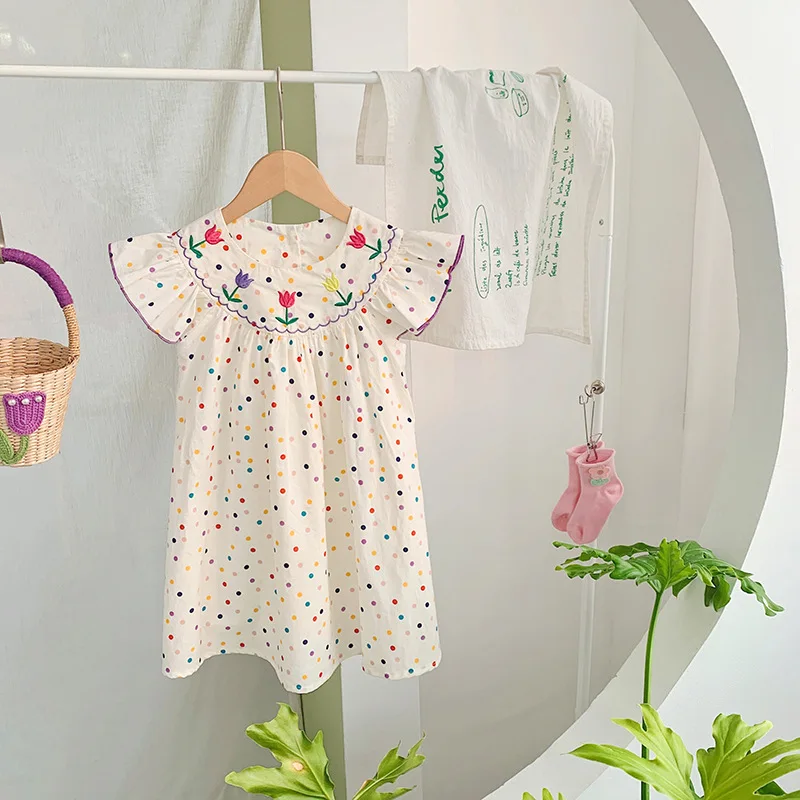 Girls Tulip Embroidery Dress 2025 - Colorful Polka Dot Fly Wing Sleeves Princess Dress, Sweet Vacation Photo Outfit (Age2-7y)​
