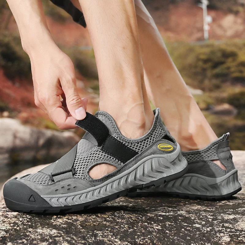 

Тактические мужские походные сандалии, противоскользящие кожаные сетчатые дышащие летние пляжные сандалии для треккинга