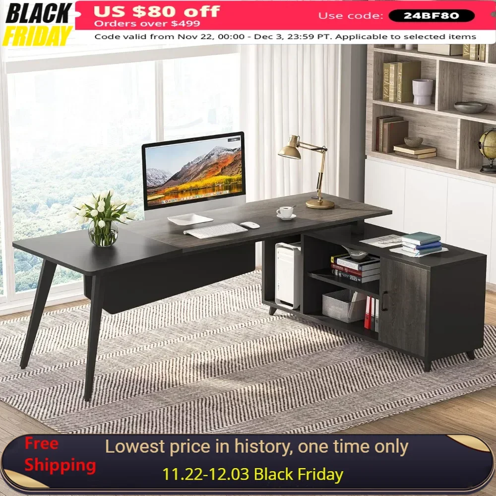 

78 Inch L-Shaped Computer Desk with File Cabinet, Large Executive Office Desk with Shelves, Business Furniture， Computer Desk