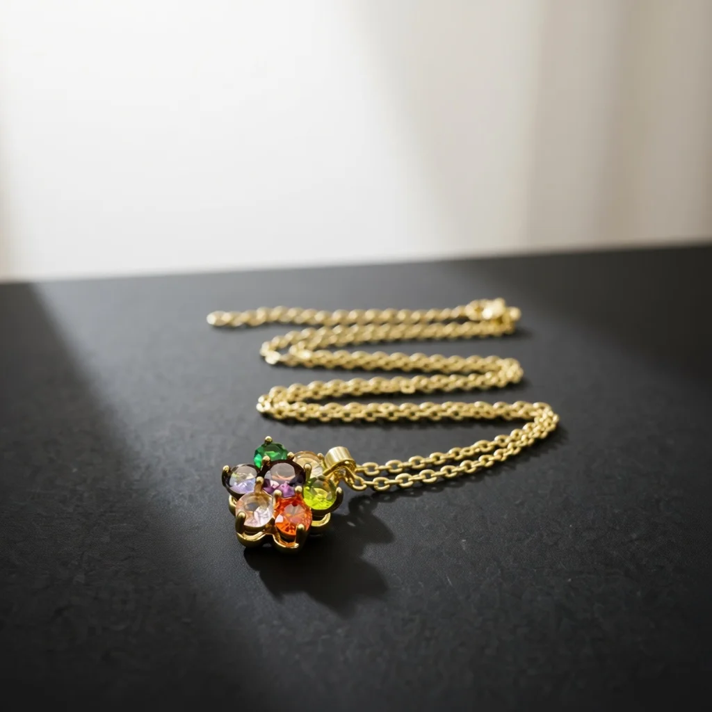 Flower Pendant Necklace Multi‑Faceted Mixed Gemstone Cluster Inlaid Floral Design Dainty Cable Chain Fashion Jewelry Accessory