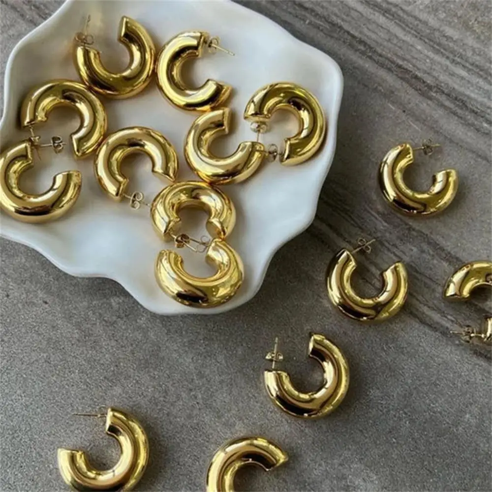 Gold Plated Waterproof PVD Round Tube C-Shaped Hoop Earrings Earclips Bowknot Heart Hemispheres Studs Zircon Female Chic Jewelry