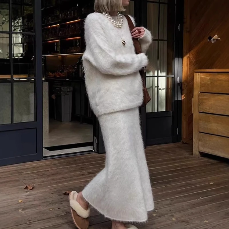 

Осень 2021, свободный свитер с круглым вырезом, женский костюм-двойка с высоким воротником