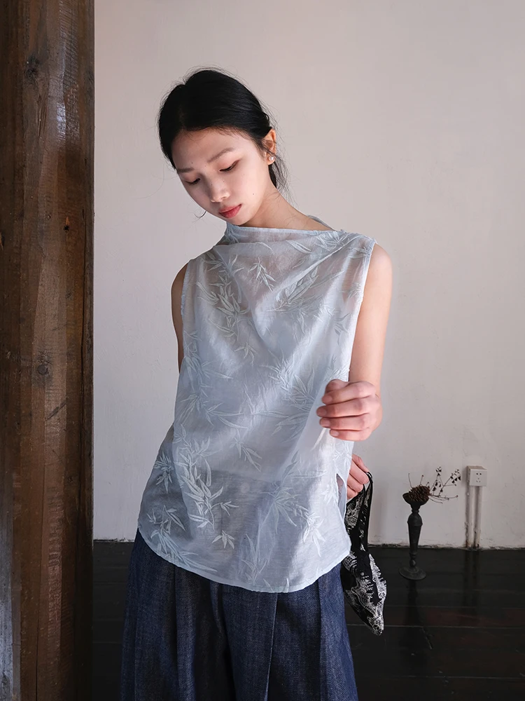 Chic Chinese Style Cold Tone Bamboo Leaf Embroidered Silk Linen Halter Neck Sleeveless Top Women's Outerwear Summer Trend