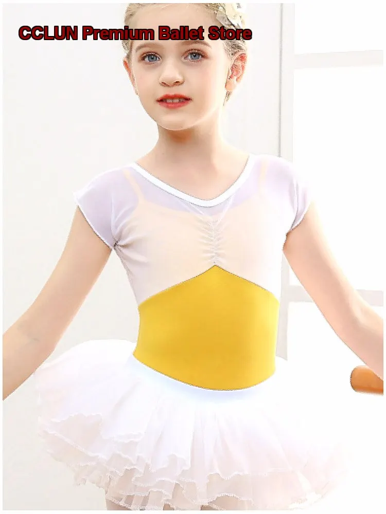 Children's Girls Dance Dress Short Sleeves Split Gauze Skirt Chinese Summer Competition Dance Costume Practice Leotard Tutu Kids
