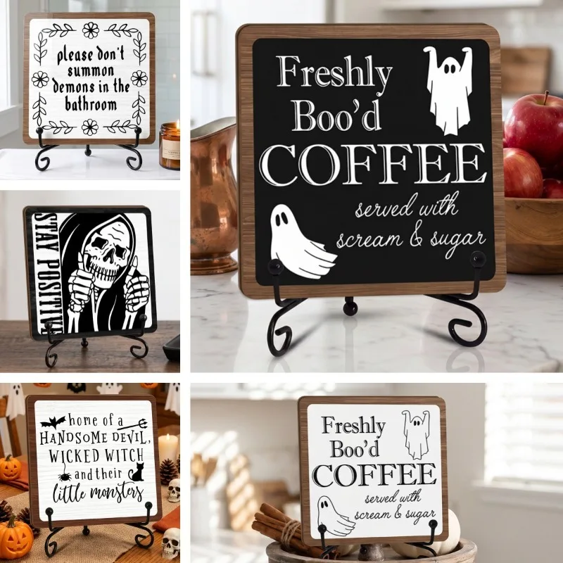 Halloween Specter Warning Script Coffee Station Timber Plaque Detachable Iron Bracket Humorous Lettering Desktop Embellishment
