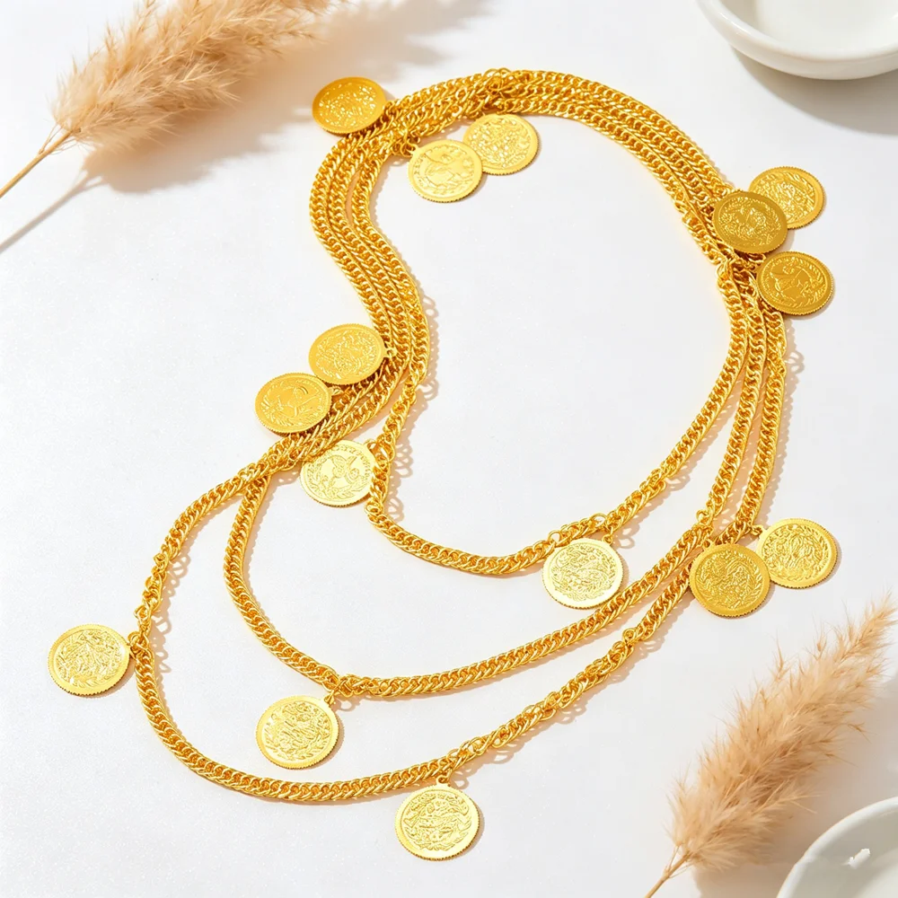 

Retro Golden Coin Stacked And Slanted Cross-body Belt Boho Waist Belt For Festival Wedding Special Events