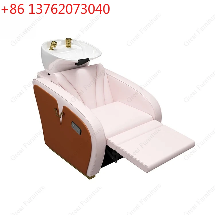 

Modern Electric Barbershop Washing Chair Reclining pink Leather Shampoo Bed
