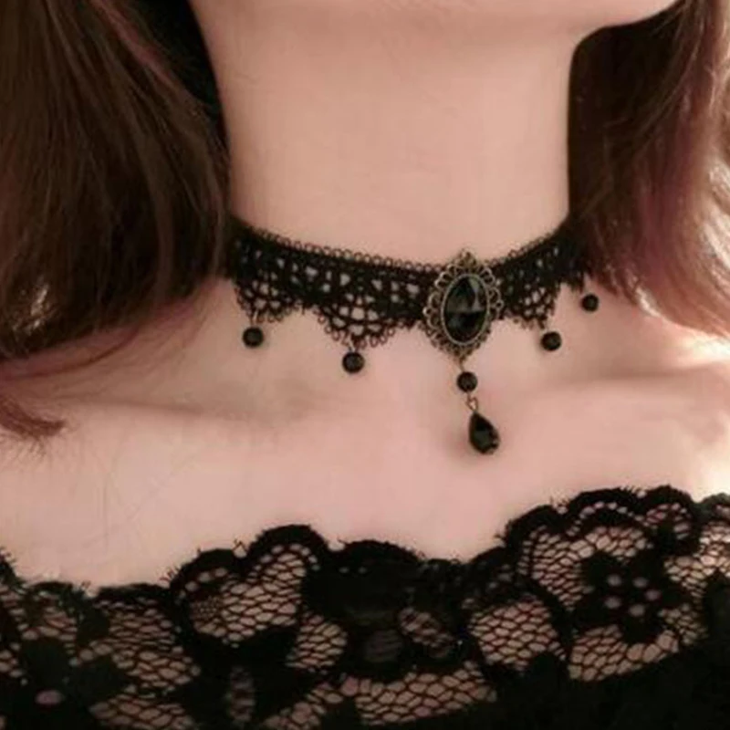 New Sexy Gothic Chokers Crystal Black Lace Neck Choker Necklace Vintage Victorian Women Chocker Steampunk Jewelry