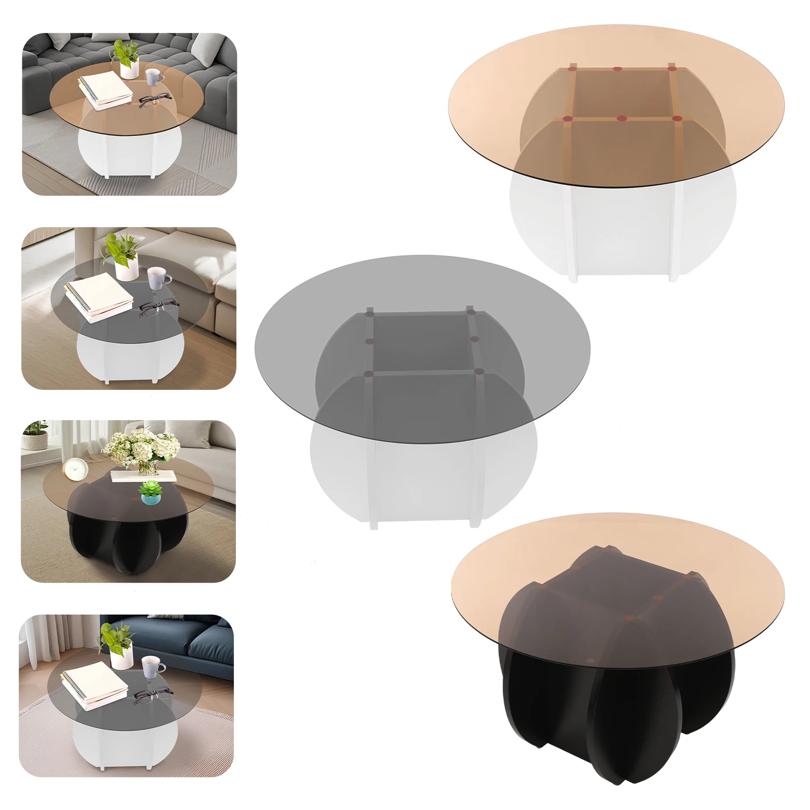 70cm ラウンドパーティクルボードコーヒーテーブル、ホワイト/ブラック/タウニーガラステーブルトップコーヒーテーブルオフィス、リビングルーム用フロアスタンディング