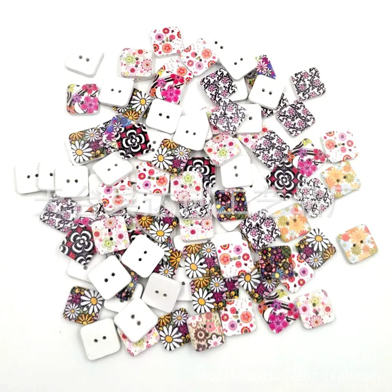 Bottoni quadrati in legno stampati con sfondo bianco da 15 mm Adesivi decorativi fatti a mano per bambini fai-da-te 50 in una confezione