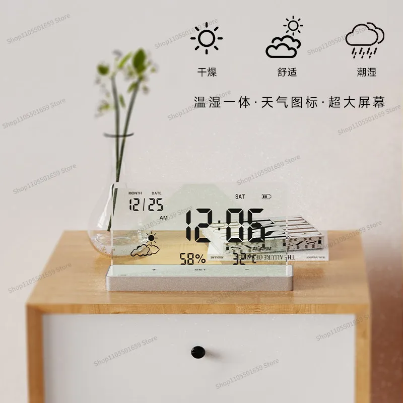 For Creative Clock Transparent Alarm Clock Electronic Desktop Smart Temperature and Humidity Alarm ins Perpetual Calendar