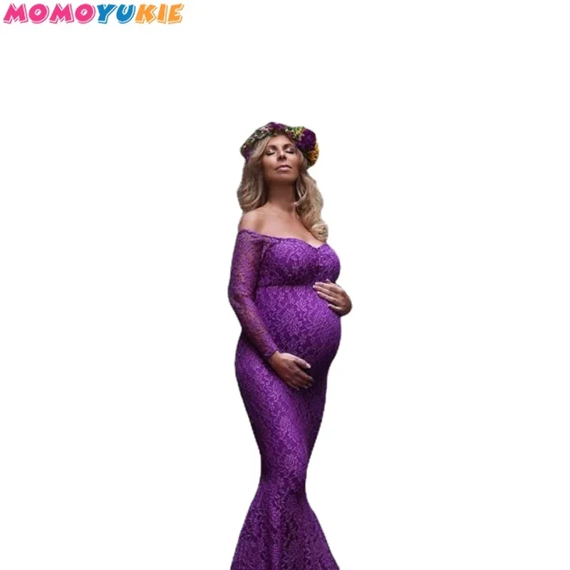 Vestido de maternidad sin hombros para mujer embarazada, maxivestido Sexy con volantes para sesión de fotos de embarazo, accesorios de fotografía,