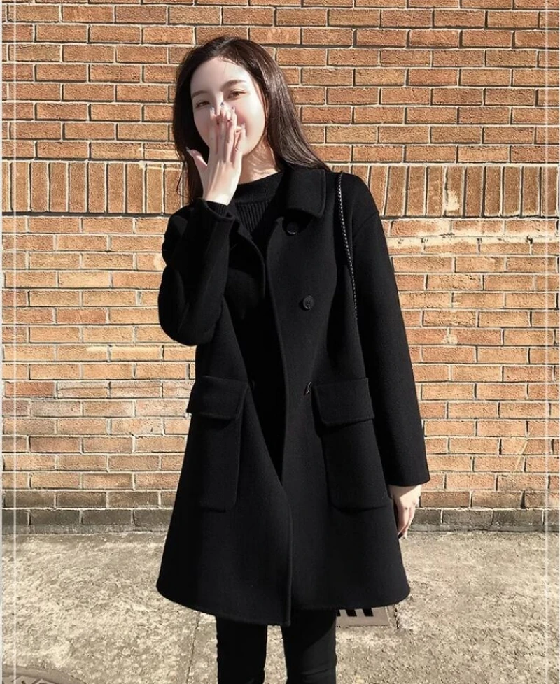 

black Winter Wool Double Sided Coats Women 2023 Autumn Double Breasted Lapel Mid length Warm Overcoat Office Lady