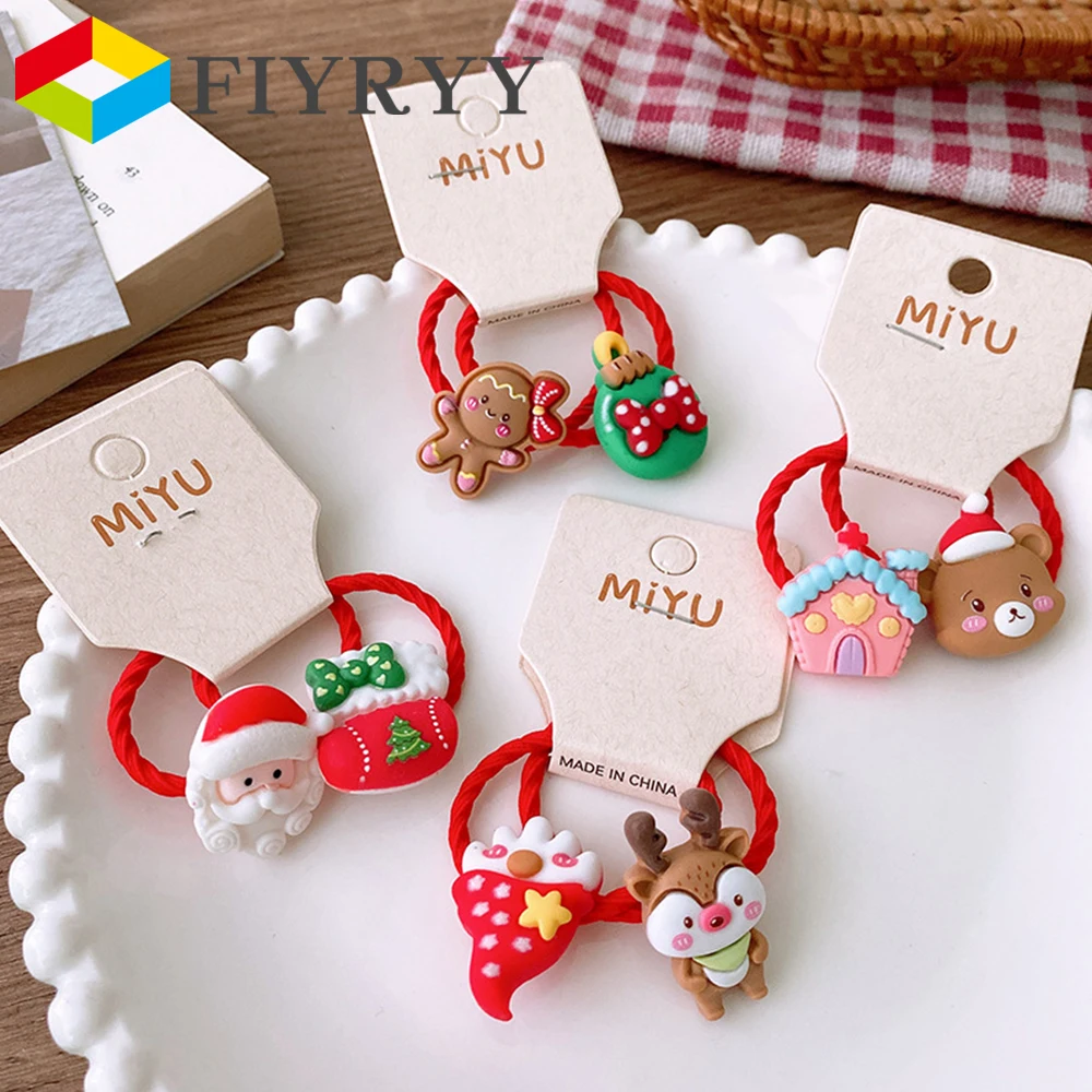 2PCS New Christmas Elk Princess Cartoon Hair Ties Headwear Lovely Kids Elastic Hair Bands Children Rope Girls Baby Accessories