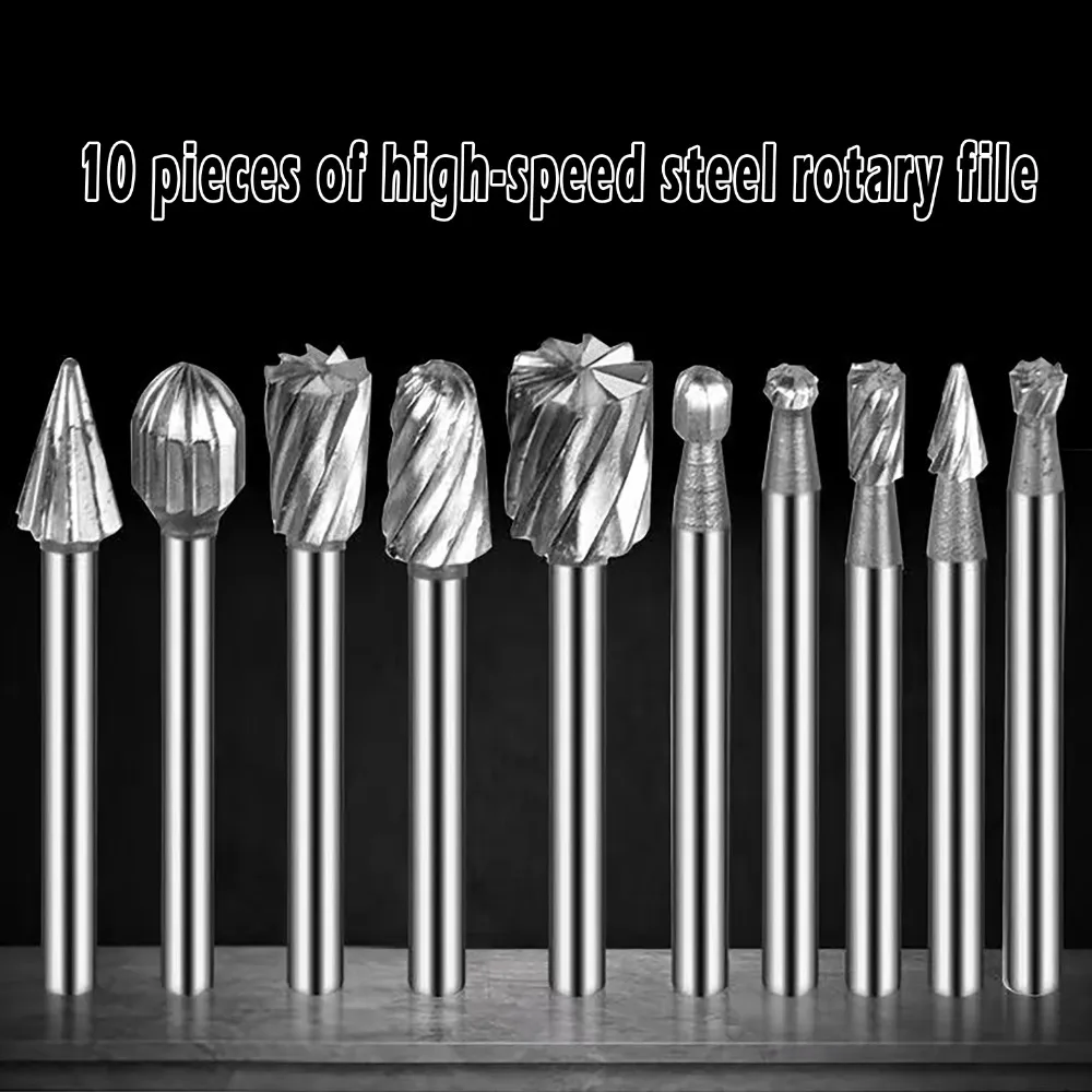 10PCS carbide file set, carbide tungsten steel double-edge rotary file milling head, woodworking grinding and engraving