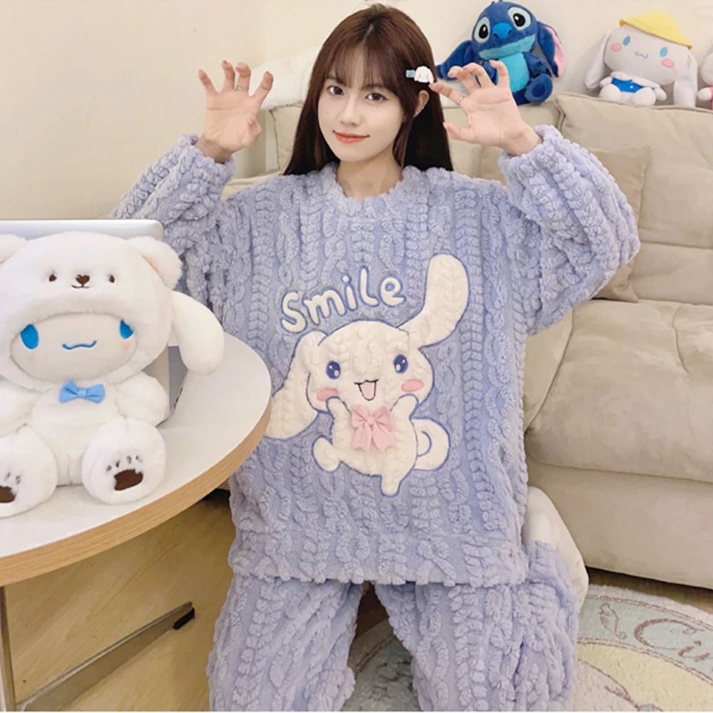 Kawaii My Melody Plush Pajama Set Sanrioed 2Pcs Cinnamoroll Kuromi Cartoon Anime Women Homewear Winter Thicken Girls Keep Warm