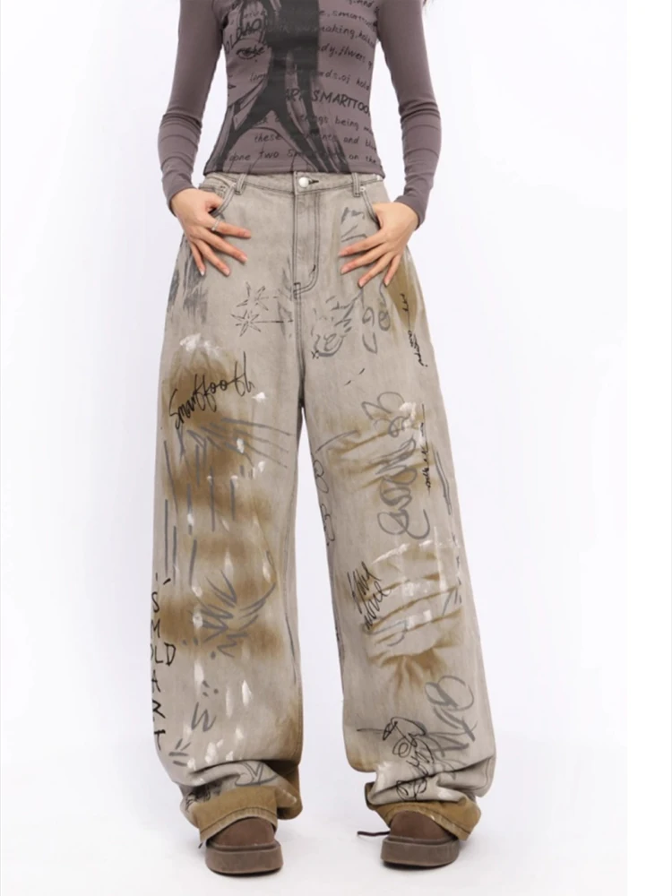 Women Grey Y2k Graffiti Jeans Baggy Vintage High Waist Cowboy Pants Harajuku Denim Trousers Aesthetic Trashy 2000s Clothes