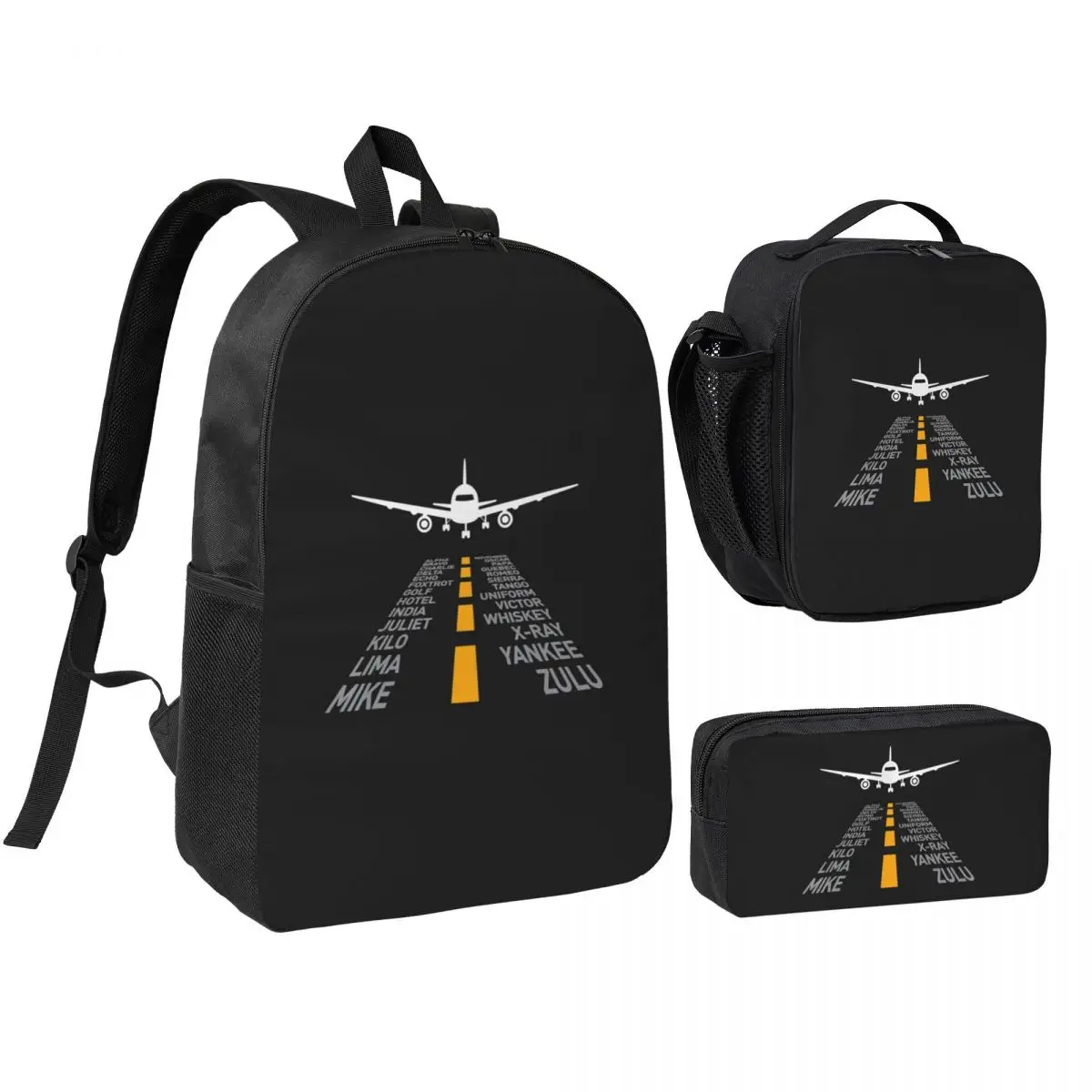 

Airplane Pilot Gifts Airport Runway Plane Backpack Student BookBag School Bag Shoulder Bags 3ps Insulated Lunch Bag Pencil Case